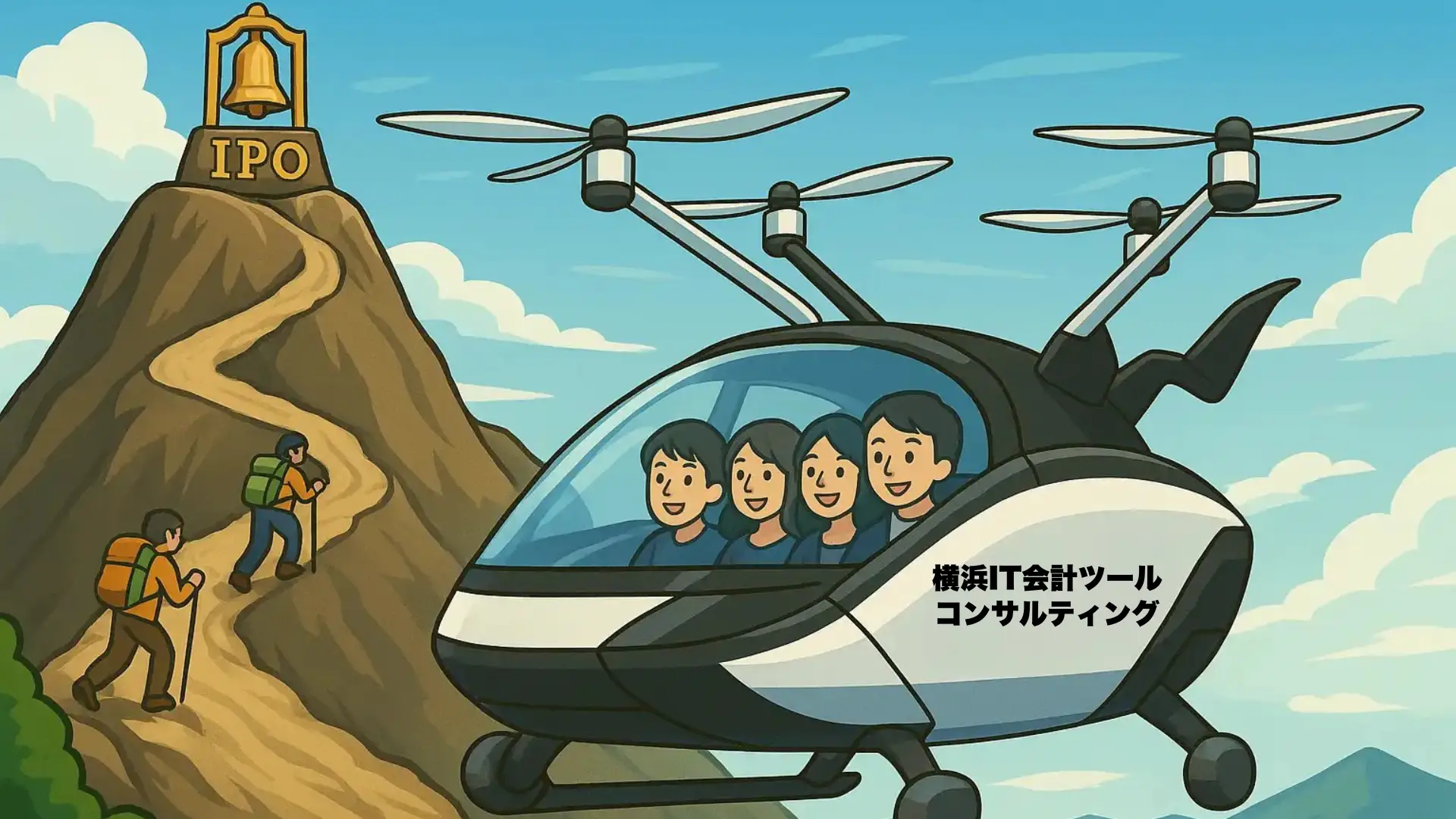 IPO成功への飛躍をイメージさせる空飛ぶ飛行機